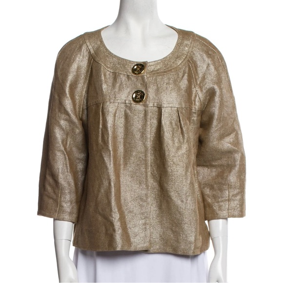 MICHAEL KORS Metallic Gold Linen Cotton 3/4 Sleeve Formal Jacket Plus Size 2X - Picture 1 of 12